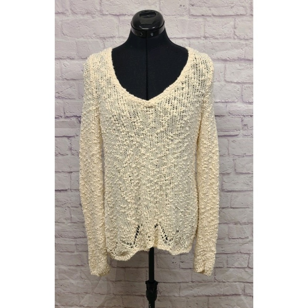 Anthropologie Cream Knit Twist Back‎ Sweater Pointelle Scalloped Hem XS